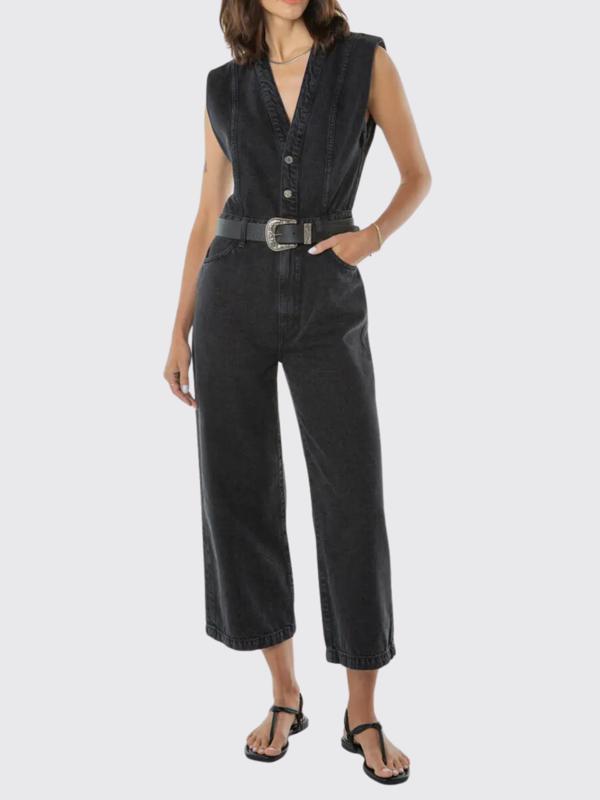 Ameri　V NECK DENIM JUMPSUIT Wholesale Women Edgy Sleeveless V Neck High Waist Fashion
