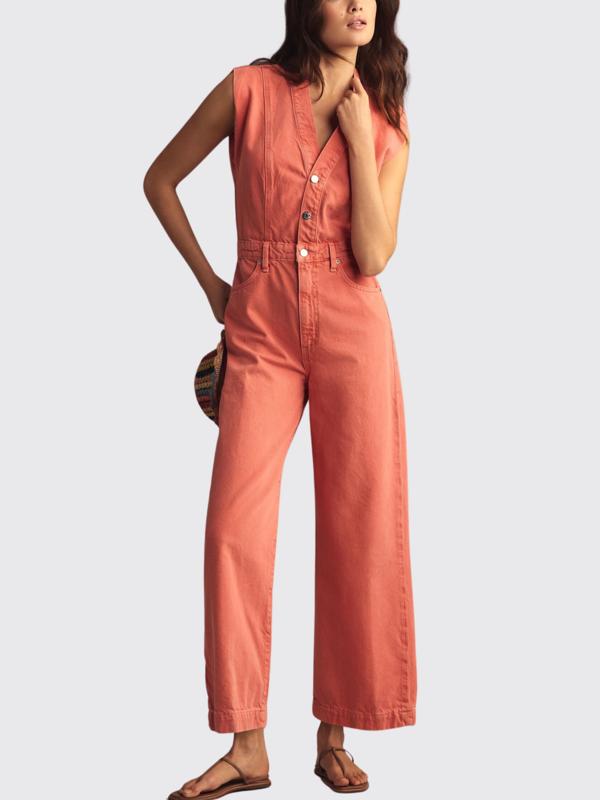 Ameri　V NECK DENIM JUMPSUIT Wholesale Women Edgy Sleeveless V Neck High Waist Fashion