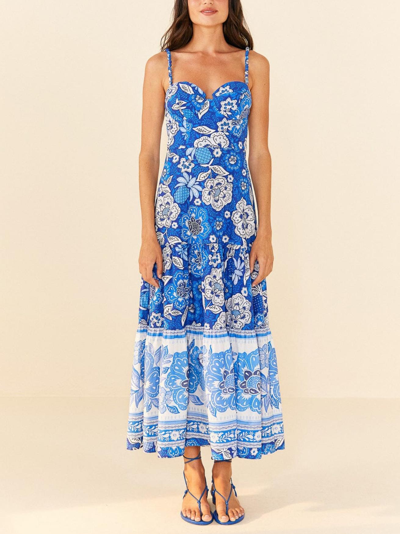 farm rio blue full of flowers organic cotton midi dress FARM Rio Full of Flowers Midi Dress Blue Floral Print Cotton Size Medi –  Celebrity Owned