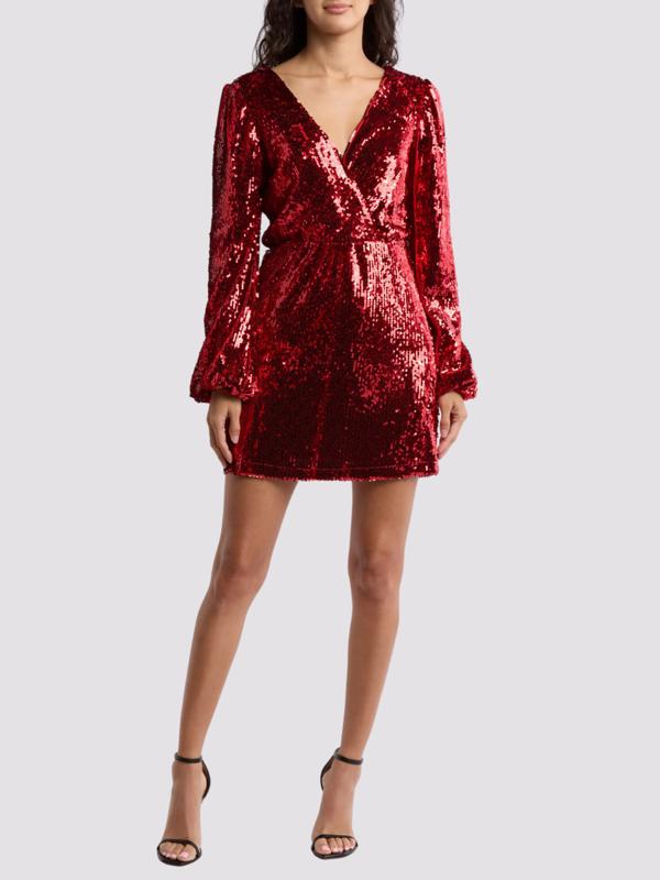 wayf sequin dress WAYF Womens Black Matte, V Neck, Faux Wrap Sequined Short Party, Sample, Dress M