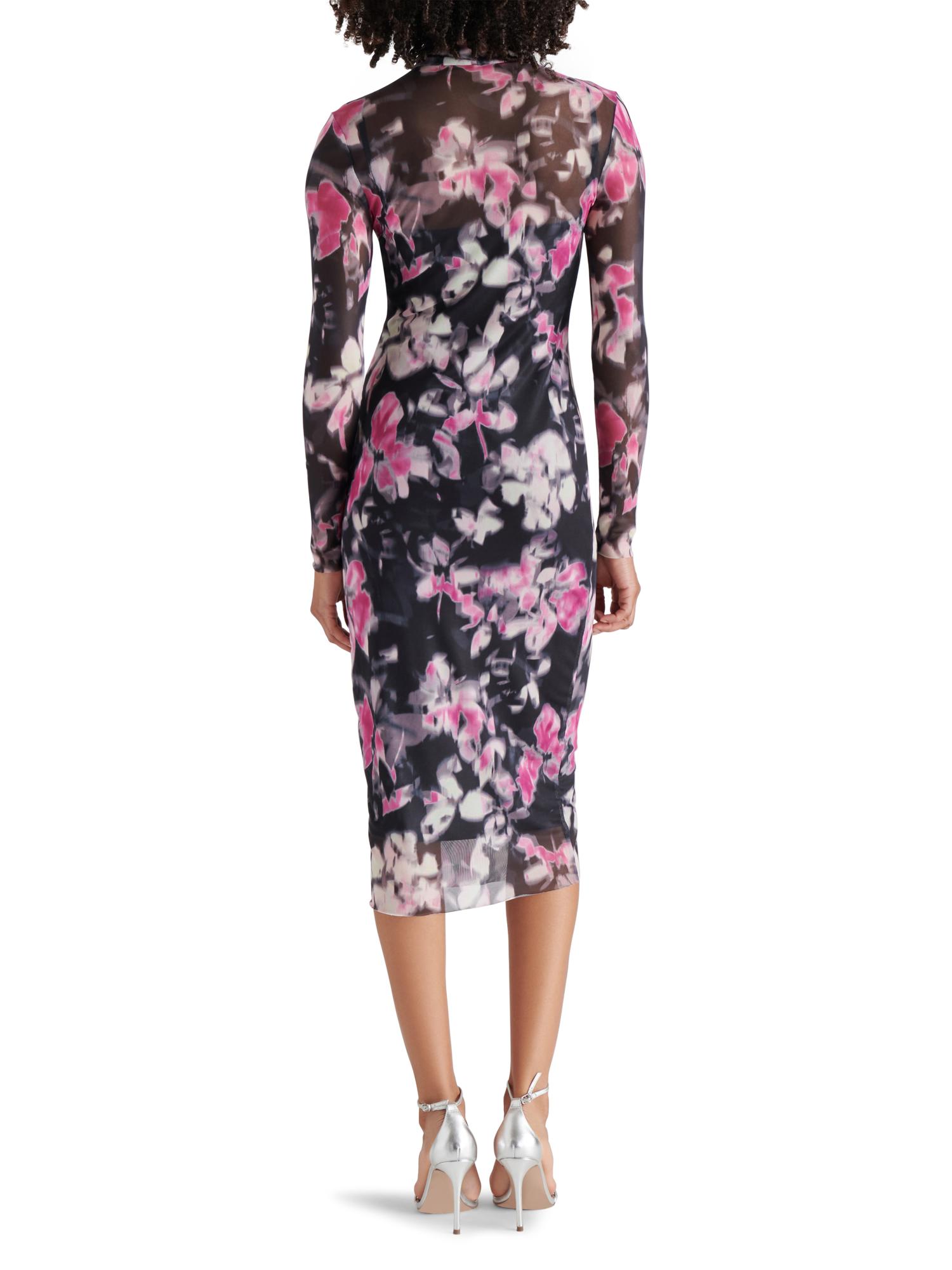 midi floral dress Zaina Yellow Pink Floral Print Lace Trim Linen Midi Dress
