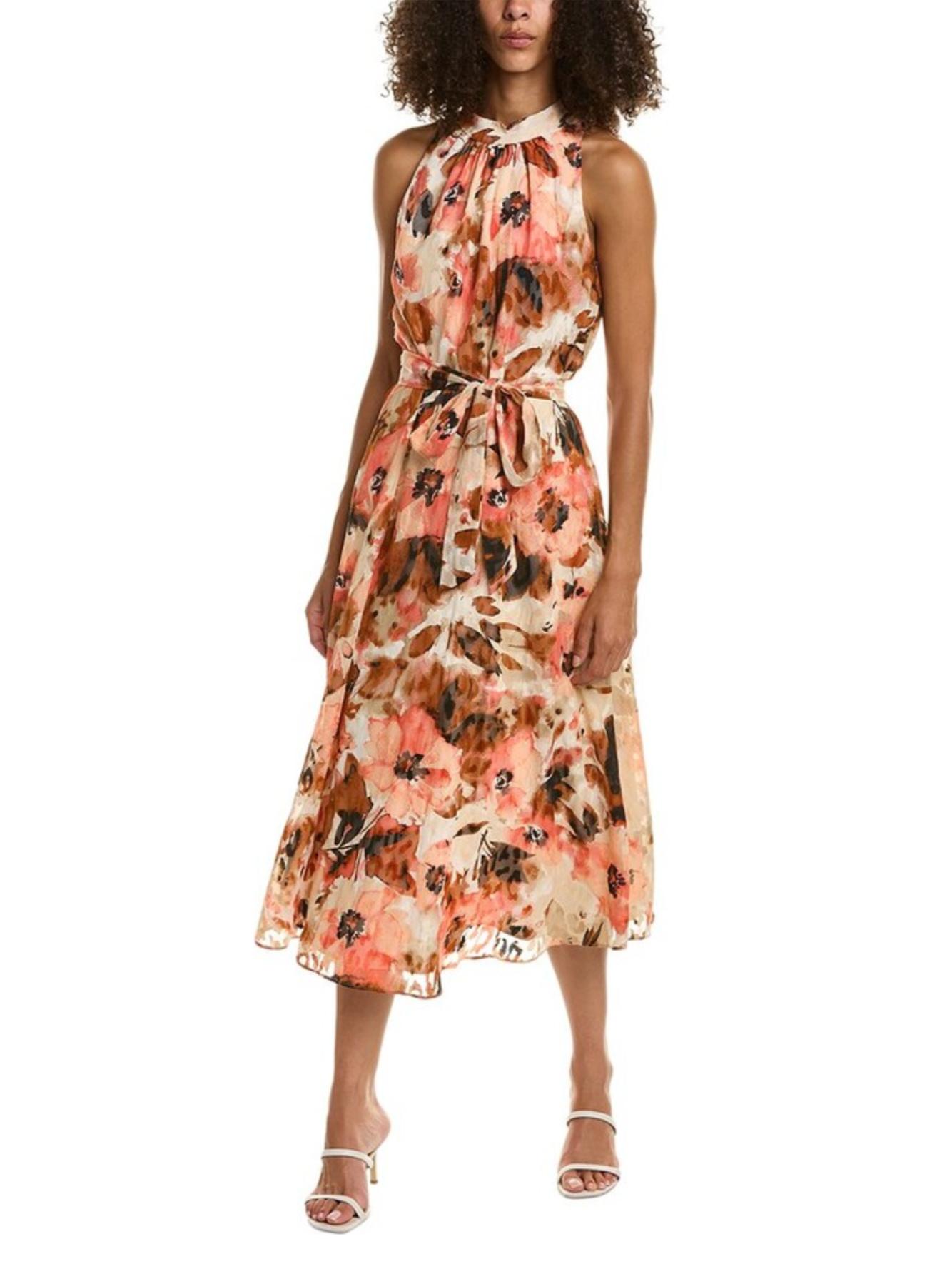knee length dresses for ladies Cream And Gold Tie Neck Midi Dress – self-portrait-US main image 1