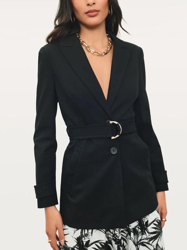 belted blazer dress black Black Silver Button Belted Blazer Dress