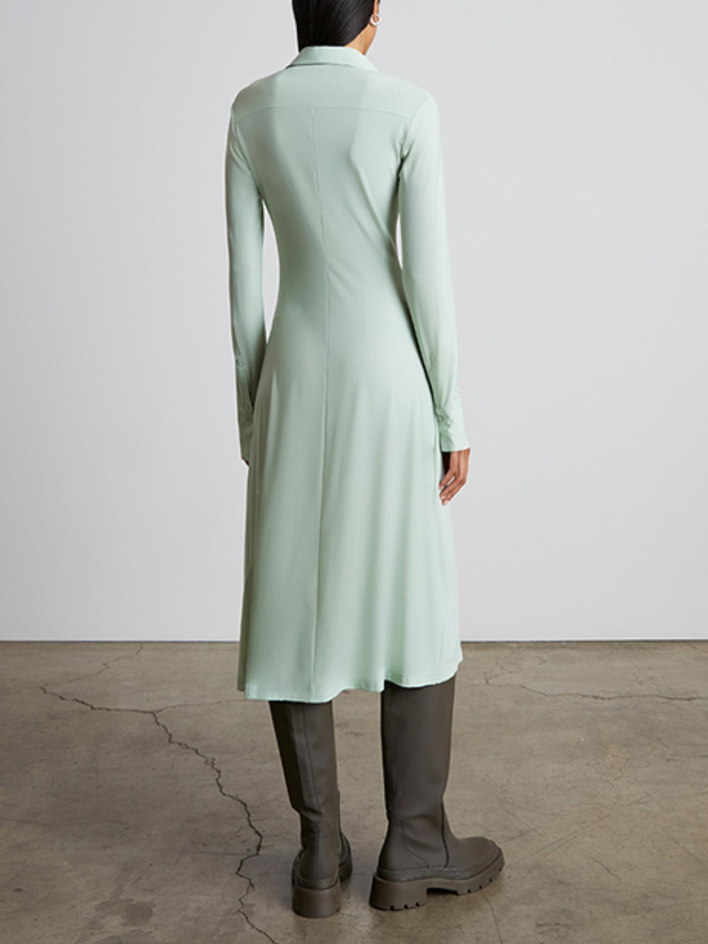 knee length dresses for ladies Blue Faille Long Sleeve Collared Midi Dress With Belt
