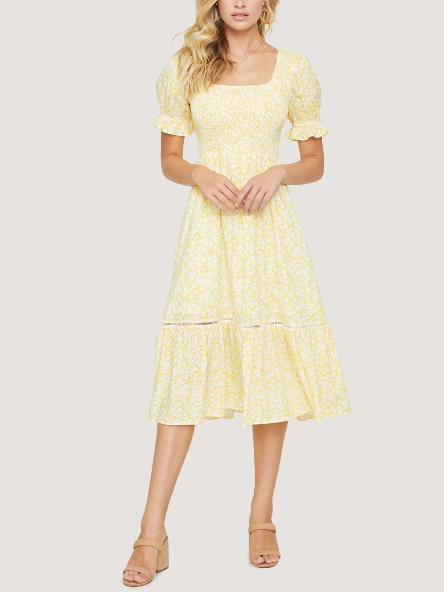 knee length dresses for ladies Blue Floral Short Sleeve Midi Dress - All Dresses