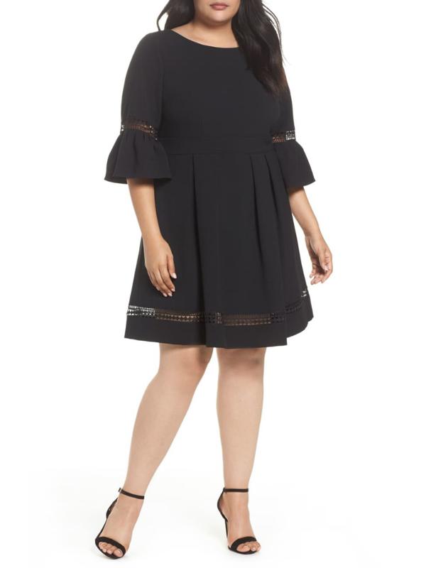 slim fit dress slacks Eliza J Jewel Neck Long Sleeve Fit & Flare With Trapunto Belt Navy main image 1